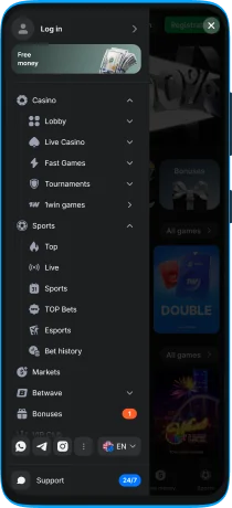 1win app menu screenshot